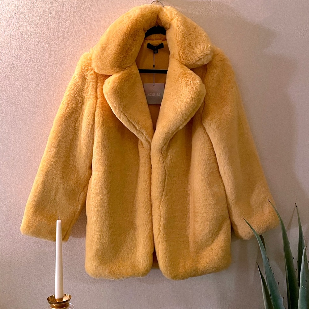 Missguided Faux Fur Coat with Collar in Yellow